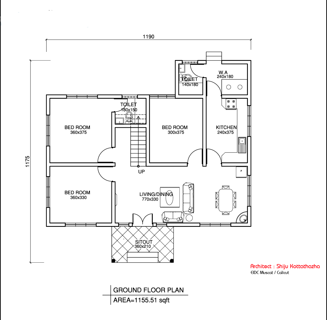 Simple Kerala style Home design at 1155 sq.ft