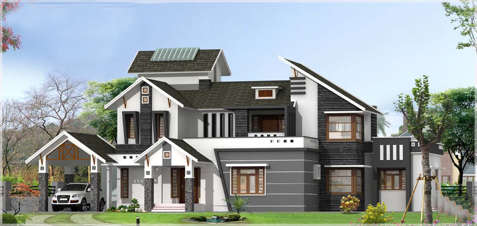 Sloping Roof Kerala house design at 3136 sq.ft with Pergolas