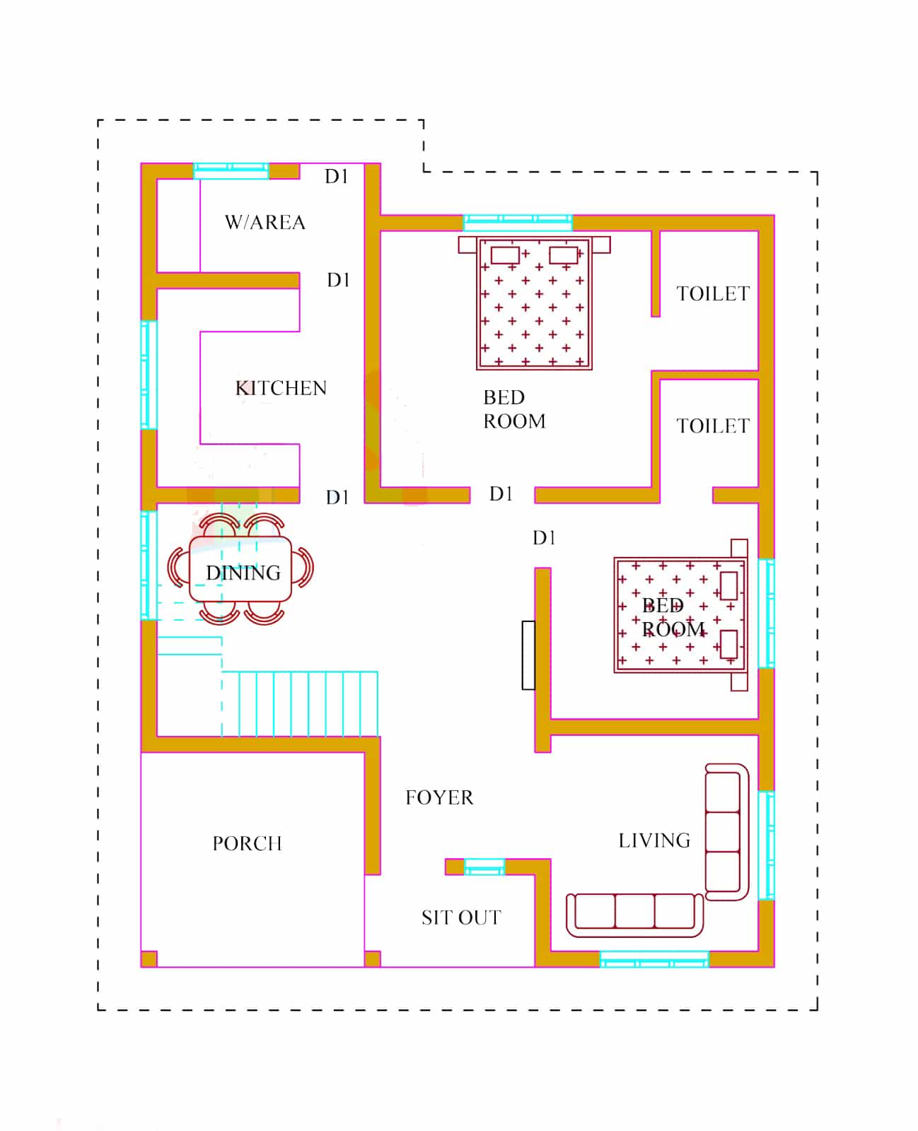 House Plan for a 1000 sq.Ft single floor House